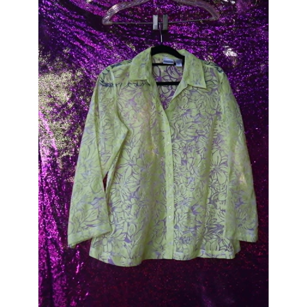 Lime Green Button Down Shirt 2/12 Chicos Womens Burnout Floral Linen Blend Top